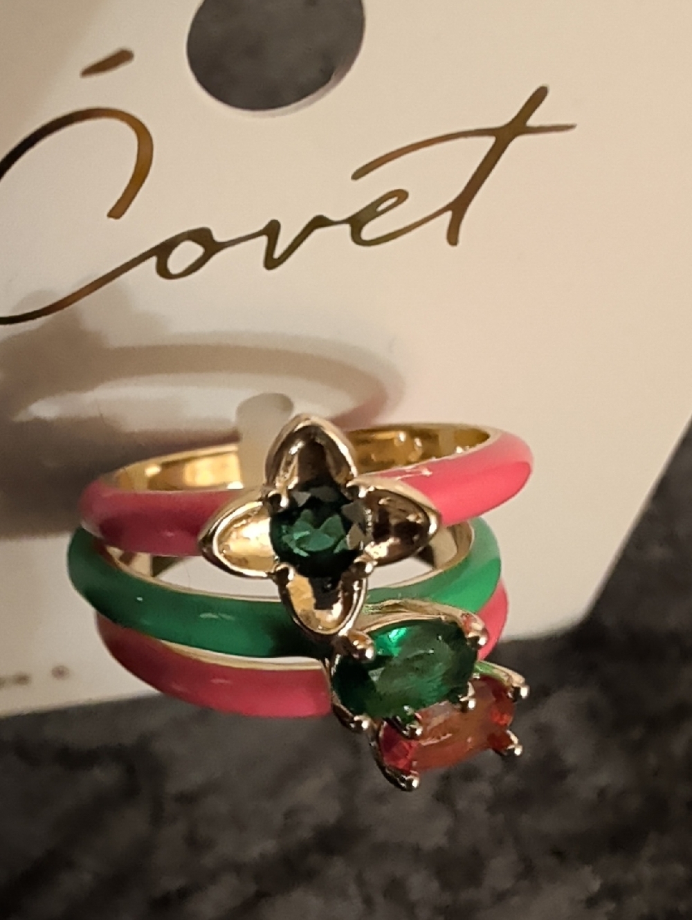 Covet Stacking Rings Lot; 7 Enameled Gold-toned w/ Colored Stones - Picture 13 of 14